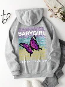 SHEIN EZwear 字母與蝴蝶印花袋鼠口袋抽繩加絨內裏連帽衫 - 淺灰色 - 查看 1