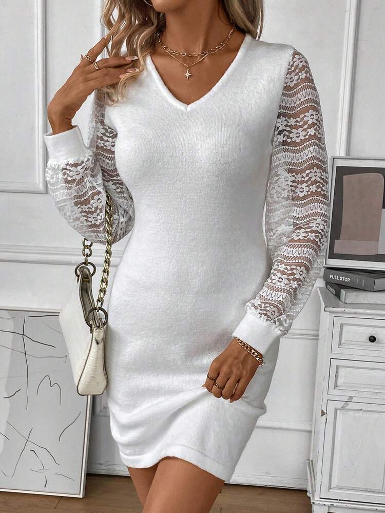 Women's Knitted Dress With Lace Sleeves