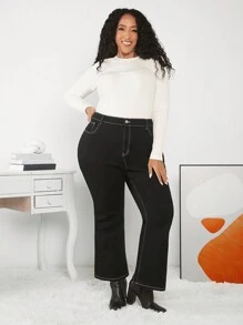 SHEIN CURVE+ Plus Size Butterfly Embroidered Flared Jeans - Black - View 2