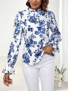 SHEIN Clasi Floral Print Flounce Sleeve Mock Neck Blouse - Royal Blue - View 4