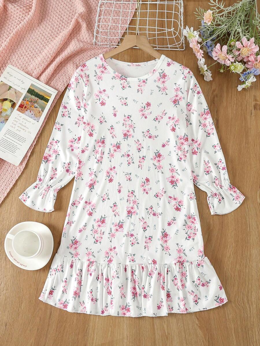 Tween Girl Floral Print Flounce Sleeve Ruffle Hem Dress - White - View 1