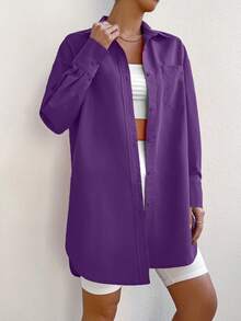 SHEIN EZwear Chất rắn Nút phía trước Vá Túi Áo sơ mi - Màu tím - Xem 4