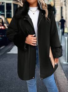 SHEIN LUNE Plus Fuzzy Trim Zipper Phía Trước Áo Khoác Parka Đệm Quần Áo Mùa Đông - màu đen - Xem 4