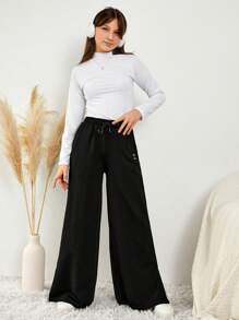 RueChic Teen Girl Drawstring Waist Wide Leg Pants - Black - View 6