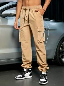 Men Street Flap Pocket Side Letter Graphic Drawstring Waist Cargo Pants - Khaki - View 3
