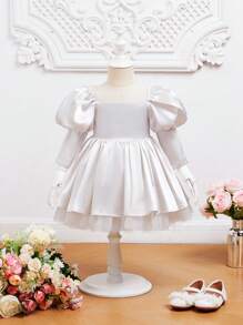 SHEIN Baby Girl Gigot Sleeve Contrast Mesh Party Dress - Apricot - View 6
