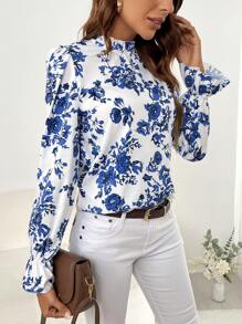 SHEIN Clasi Floral Print Flounce Sleeve Mock Neck Blouse - Royal Blue - View 3