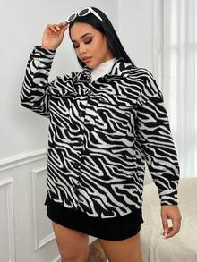 SHEIN EZwear Women's Plus Size Zebra Printed Buttoned Cardigan - Multicolor - View 5
