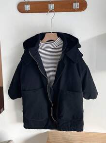 Tween Boy Dual Pocket Zipper Hooded Padded Coat Without Tee - Black - View 2