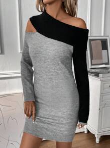 SHEIN Clasi Vestido De Suéter Ajustado De Cuello Asimétrico Y Color Contrastante Para Mujer - Multicolor - Ver 4
