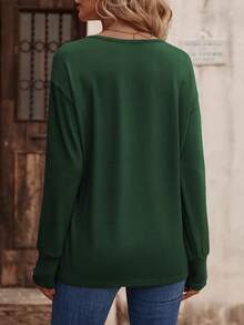 SHEIN LUNE Button Detail Drop Shoulder Tee - Green - View 2