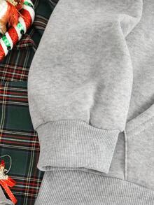 SHEIN EZwear 字母&禮品印花袋鼠口袋抽繩加絨內裏連帽衫 - 淺灰色 - 查看 3