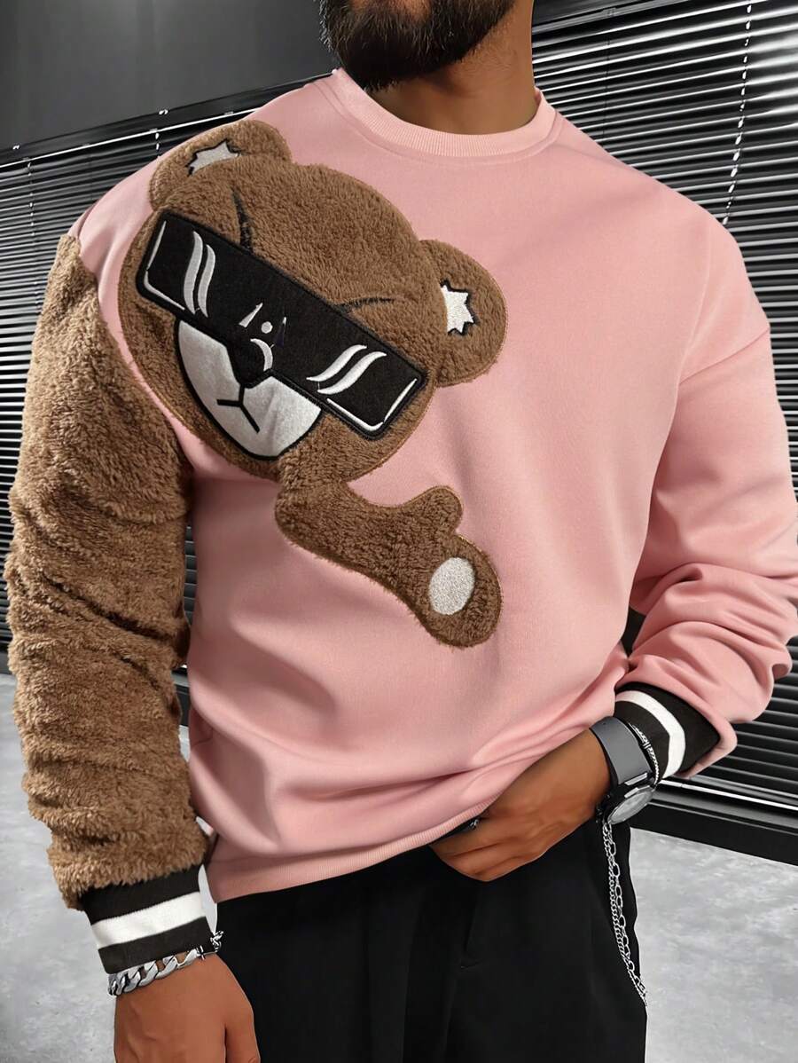 Manfinity Homme Loose Fit Men's Contrast Fuzzy Sweatshirt With Bear Embroidery - Pink - View 1