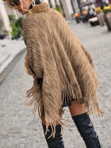 SHEIN LUNE 段染毛茸邊流蘇下擺蝙蝠袖開襟衫 - 棕色 - 查看 2
