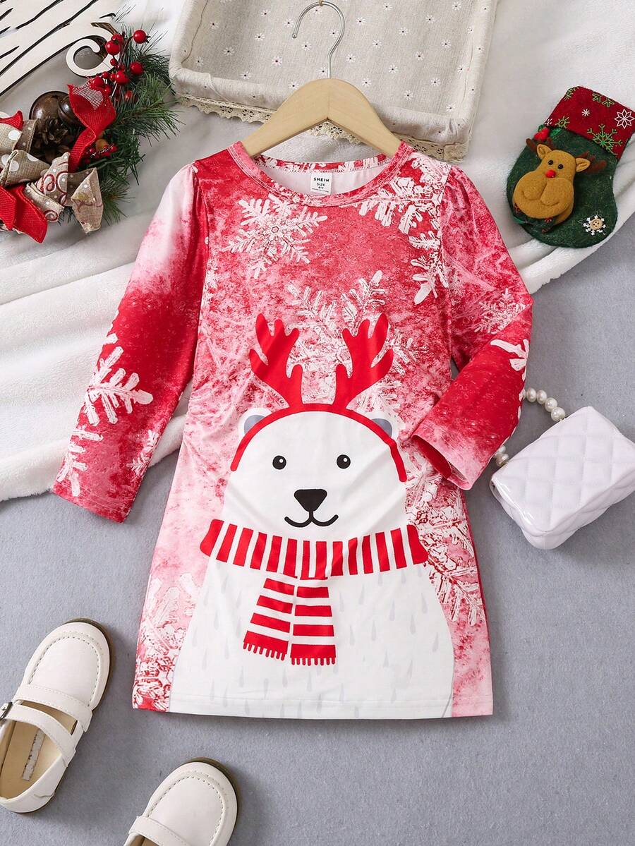 SHEIN 女小童聖誕圖案T恤洋裝 - 彩色 - 查看 1