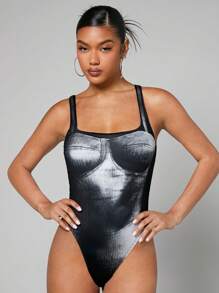 SHEIN BAE Graphic Print Bodysuit - Black and White - View 5