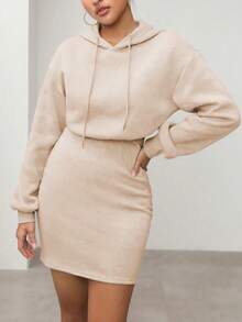 SHEIN EZwear Chất rắn Dây rút Thả vai Đàm áo cánh có mũ - Màu Khaki - Xem 3