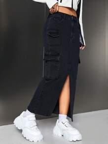 SHEIN ICON Flap Pocket Split Thigh Denim Skirt - Black - View 3