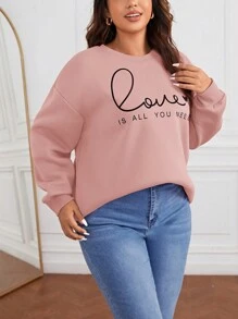 SHEIN Essnce 大碼愛心和標語圖案落肩袖運動衫 - 粉色 - 查看 4
