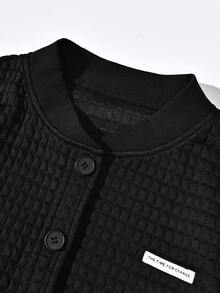 SHEIN Unity Letter Patched Detail Quilted Button Front Jacket - Black - View 4