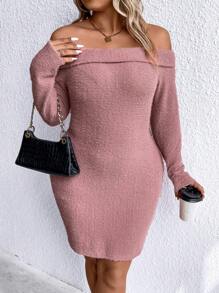 SHEIN LUNE Plus Foldover Off Shoulder Bodycon Dress - Pink - View 2