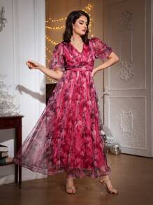 SHEIN Belle 印花泡泡袖網紗覆蓋洋裝 - 彩色 - 查看 5