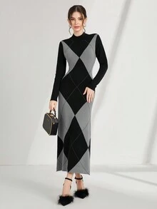 Mulvari Họa tiết Argyle Đầm Áo len - màu đen - Xem 4