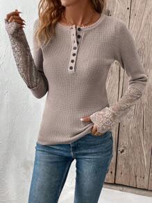 SHEIN LUNE 蕾絲拼接半排扣條紋針織套頭毛衣 - 卡其色 - 查看 4