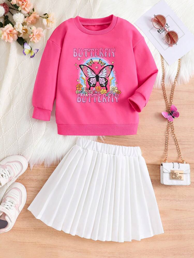 Young Girl Letter & Butterfly Print Sweatshirt & Pleated Skirt