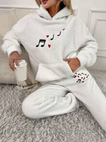 EURMUSE Heart Embroidery Drop Shoulder Teddy Hoodie & Pants - White - View 5