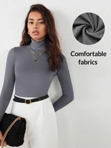 RueChic Women's Solid Grey Elastic Mock Neck Fitted Blouse, Work Uniform
