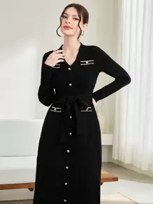 Modelyn Ladies' Sweater Dress With Single-breasted Belt - Black - View 3