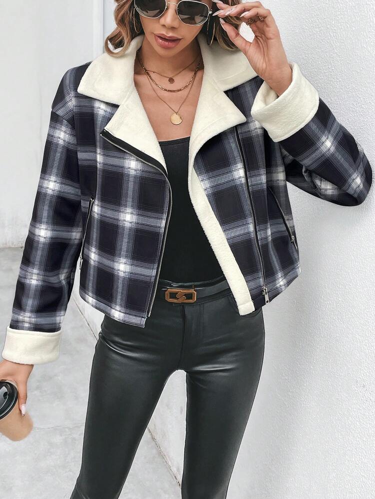 Plaid Print Zip Up Thermal Lined Jacket Fall Cloth For Women