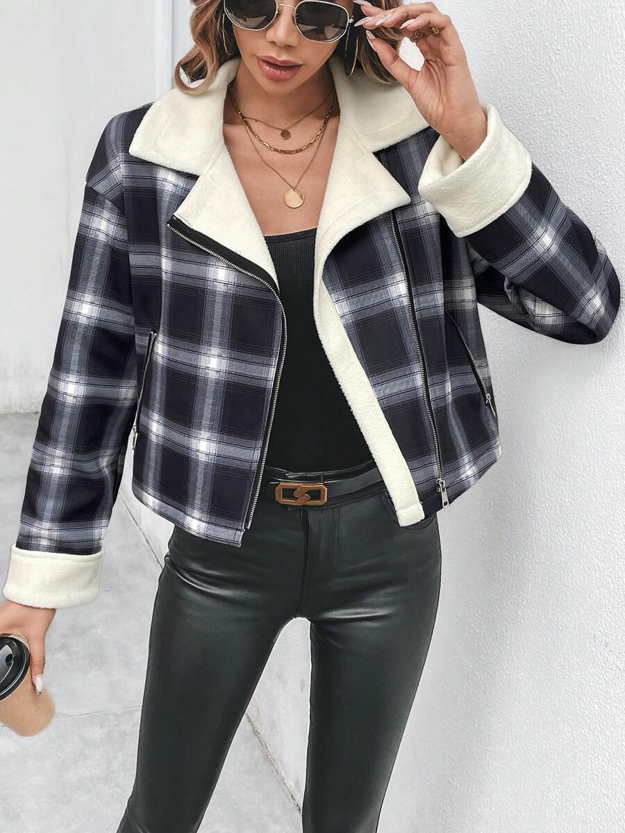 Chiquease Plaid Print Zip Up Thermal Lined Jacket Fall Cloth For Women - Black and White - View 1