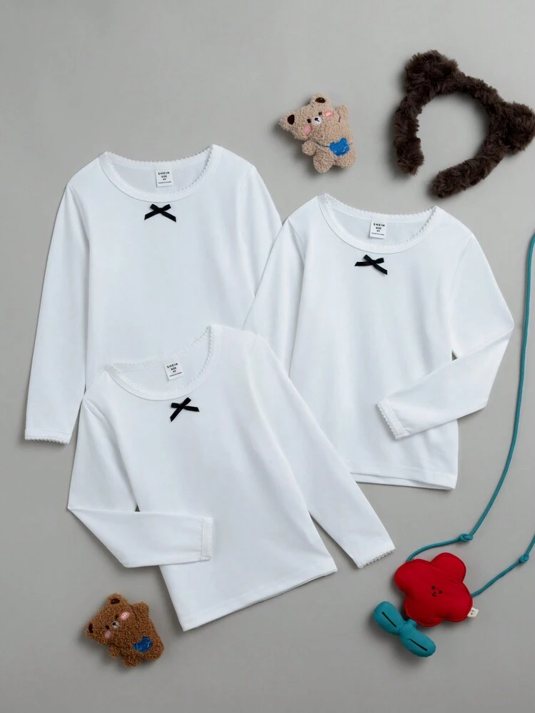 3pcs/Set Girls' Simple White Bowknot & Ribbon Long Sleeve Three-Piece Underwear Set