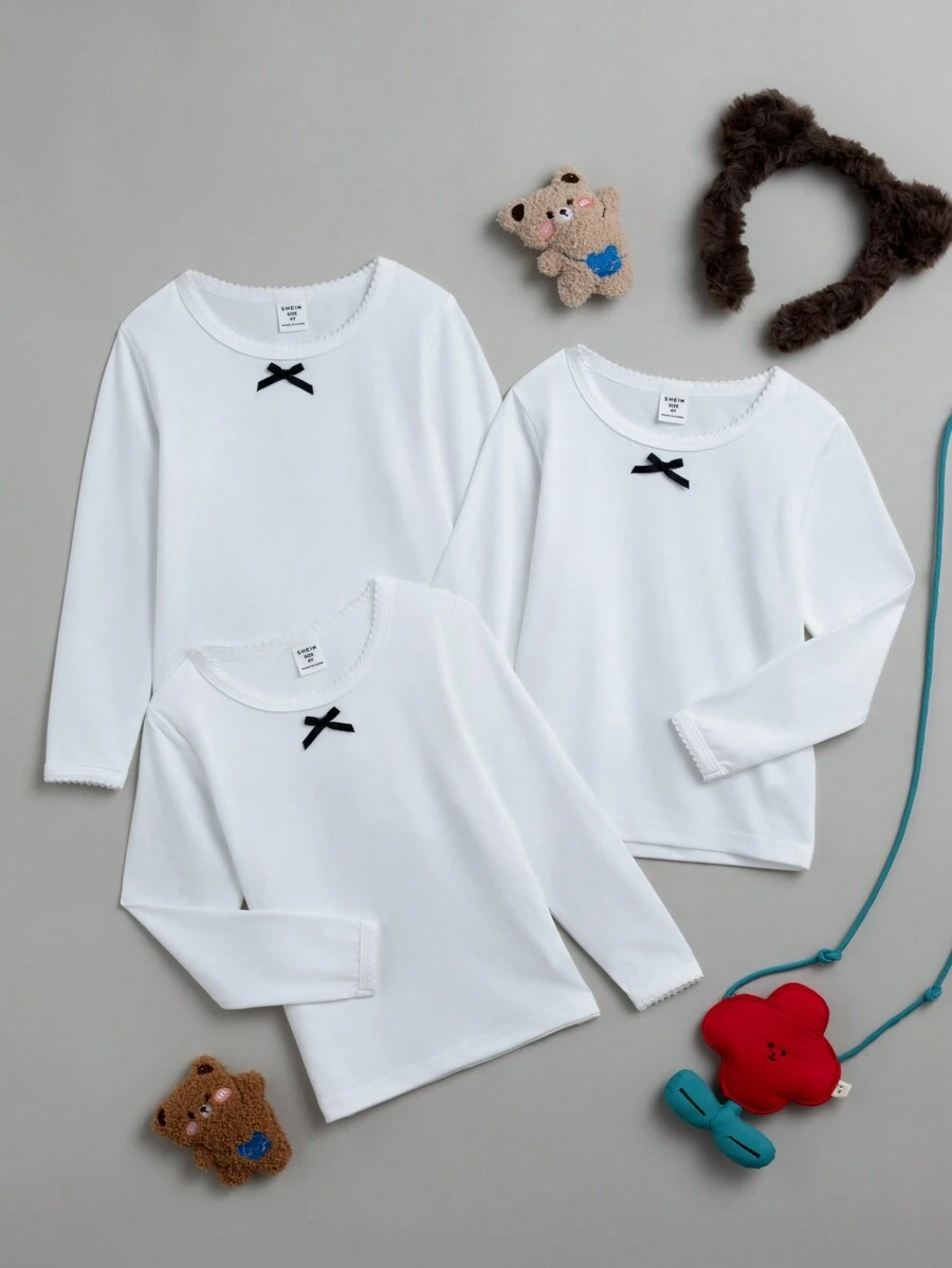 3pcs/Set Girls' Simple White Bowknot & Ribbon Long Sleeve Three-Piece Underwear Set