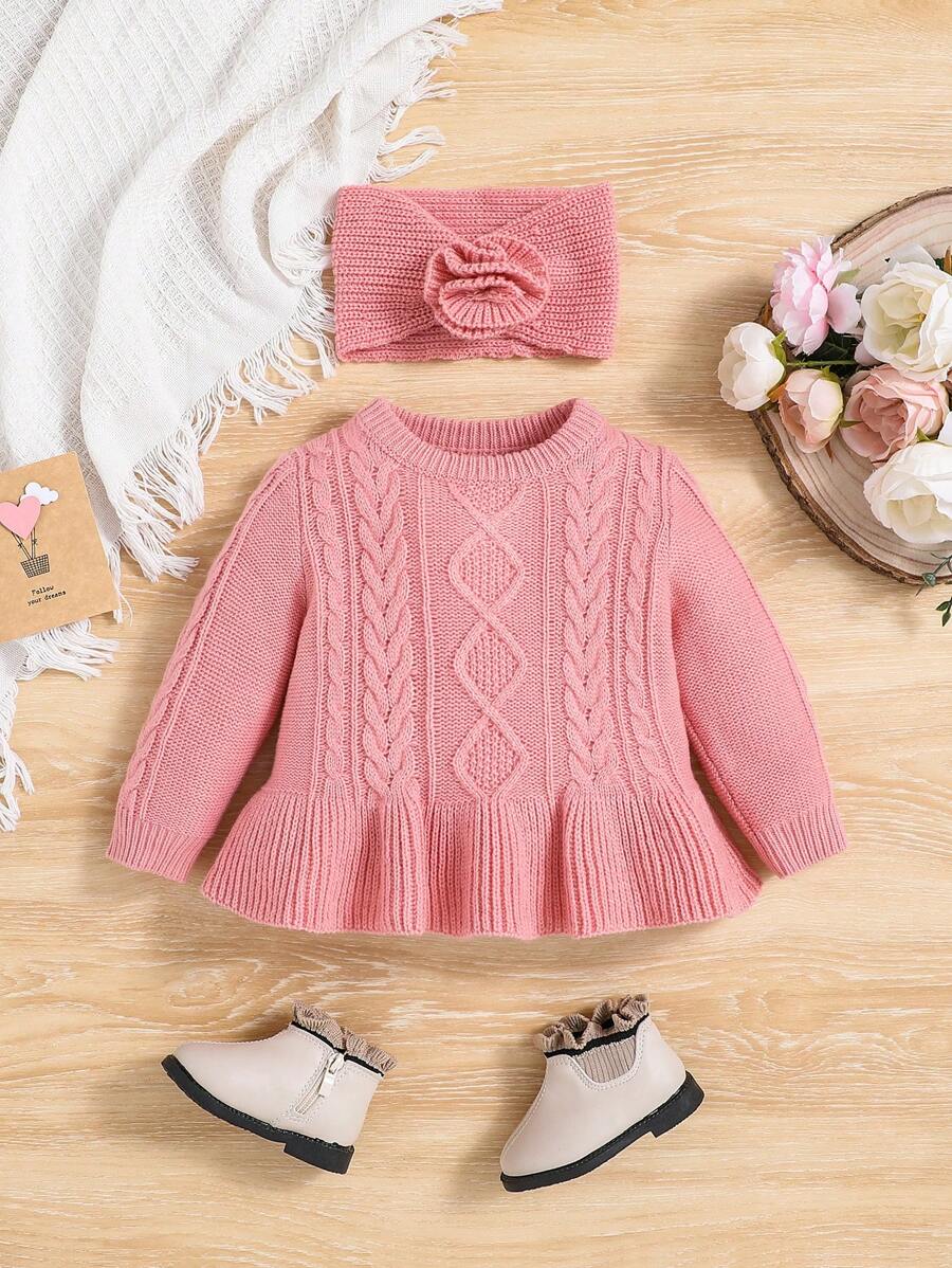SHEIN Đứa bé gái Chất rắn Xoắn Dan Áo thun & quần & Mũ - Hồng - Xem 1