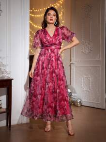 SHEIN Belle 印花泡泡袖網紗覆蓋洋裝 - 彩色 - 查看 1