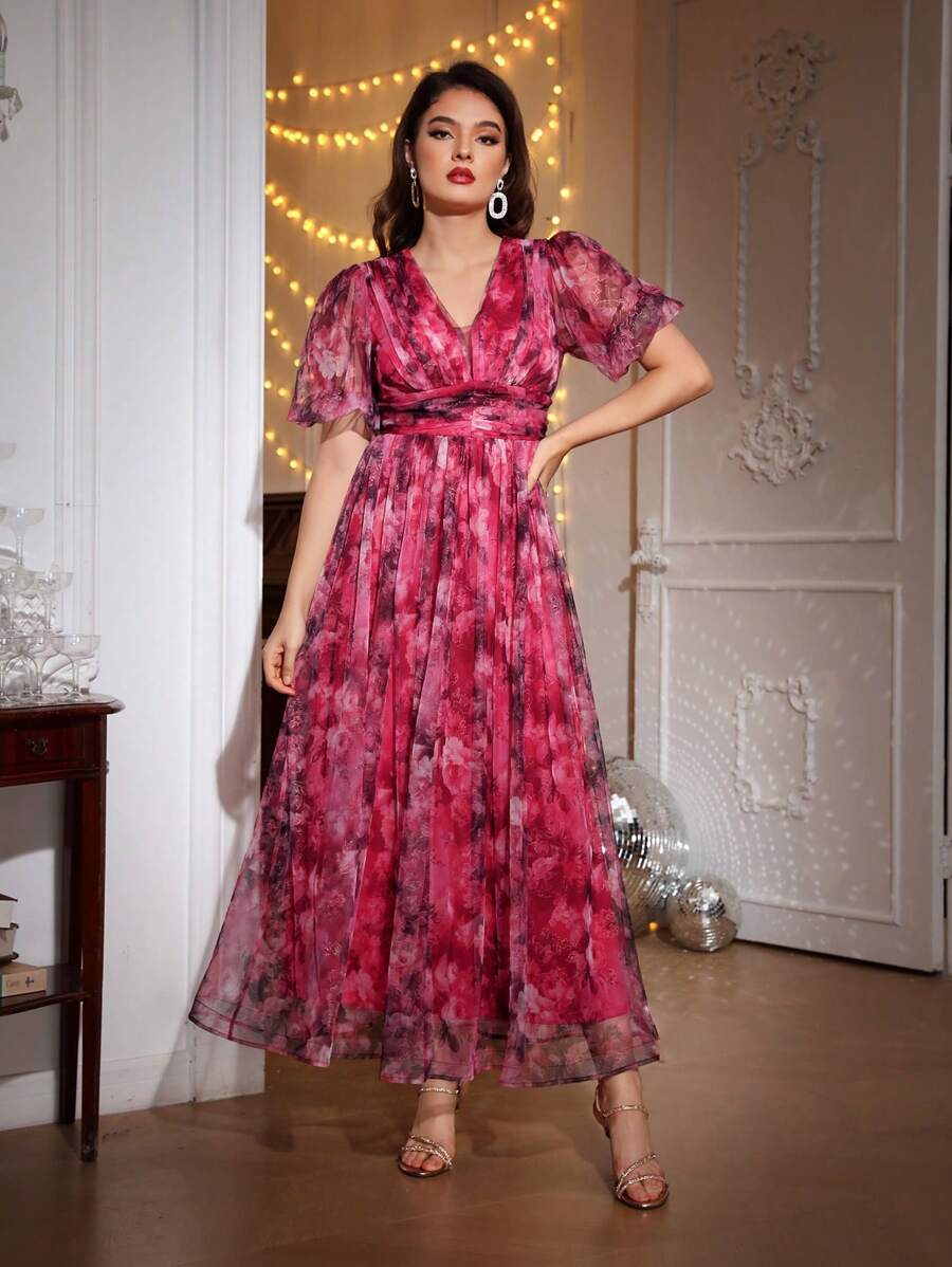 SHEIN Belle 印花泡泡袖網紗覆蓋洋裝 - 彩色 - 查看 1