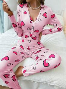 Heart Print Button Front Sleep Jumpsuit, Fall & Winter Cozy And Elegant Details - Pink - View 1