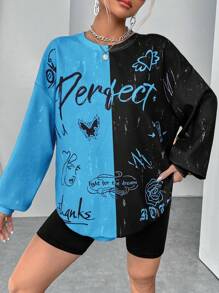 SHEIN EZwear Đồ họa Chữ cái Hai âm Thả vai Áo nỉ - Màu xanh lam - Xem 4