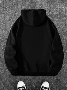 Men Letter & Eagle Print Drawstring Thermal Lined Hoodie - Black - View 2