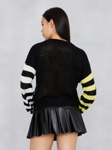 JUSTICE LEAGUE X SHEIN Striped Color Block Drop Shoulder Sweater With Character & Letter Pattern - Multicolor - View 2