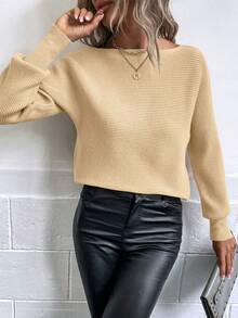 SHEIN Frenchy Boat Neck Batwing Sleeve Sweater - Apricot - View 4