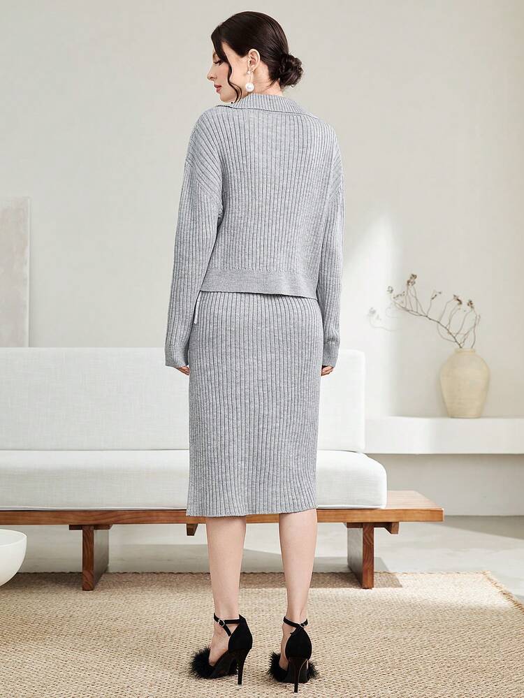 Women'S Turn Down Collar Drop Shoulder Sweater And Knitted Skirt Set 2 Piece Set