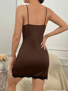 Contrast Lace Trim Split Hem Cami Pajama Nightdress - Coffee Brown - View 2