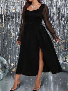 SHEIN Clasi 大碼網紗拼接高衩洋裝 - 黑色 - 查看 5