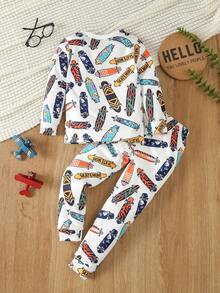 Young Boy Allover Skateboard Print Snug Fit PJ Set - Multicolor - View 2