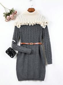 青少年女孩雙色荷葉邊麻花編織毛衣洋裝不附腰帶 - 深灰色 - 查看 1