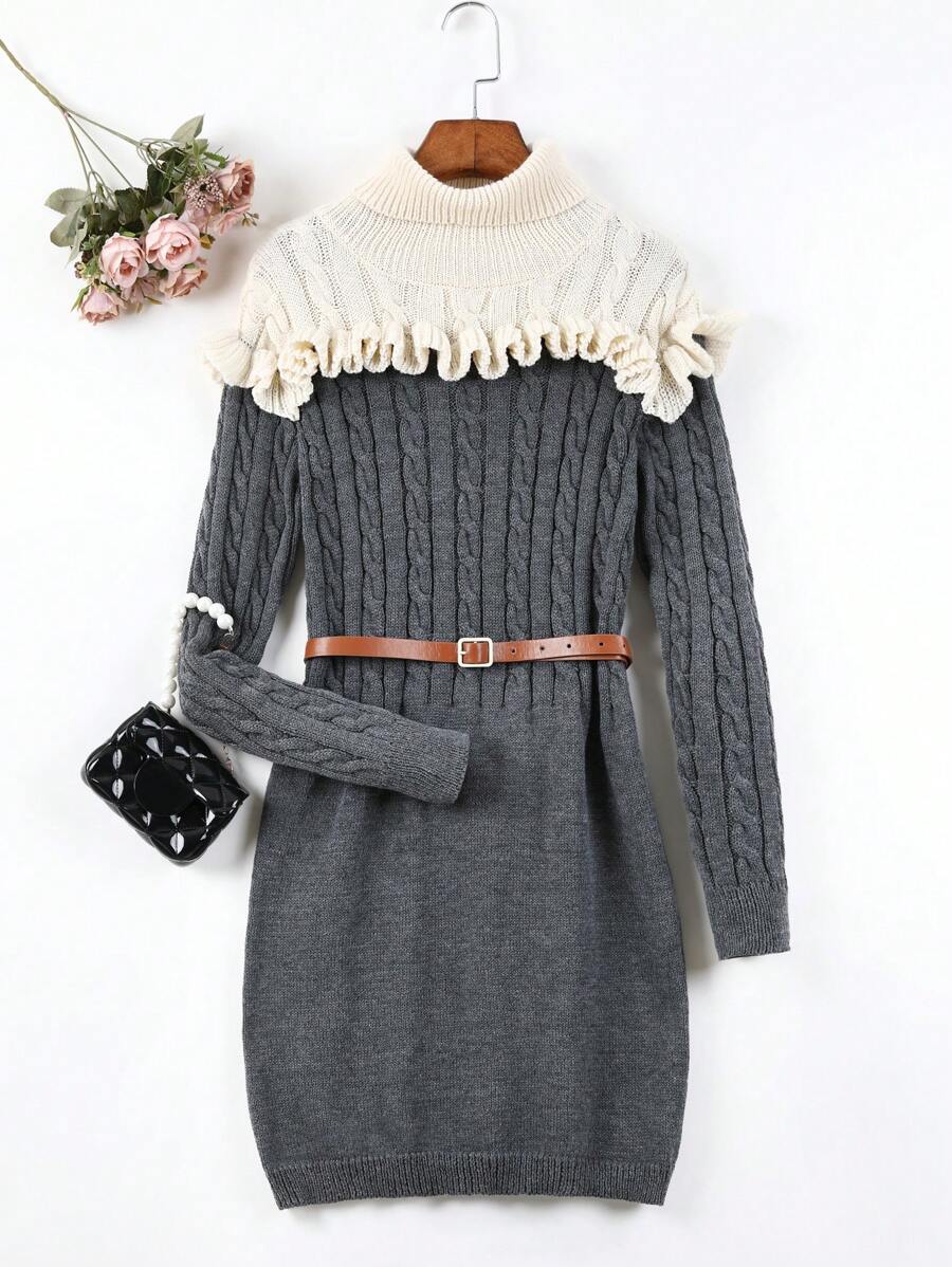 青少年女孩雙色荷葉邊麻花編織毛衣洋裝不附腰帶 - 深灰色 - 查看 1